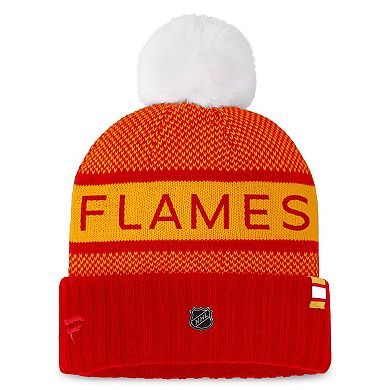 Women's Fanatics Branded  Red/Yellow Calgary Flames Authentic Pro Rink Cuffed Knit Hat with Pom