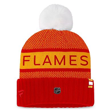 Women's Fanatics Branded Red/Yellow Calgary Flames Authentic Pro Rink Cuffed Knit Hat with Pom