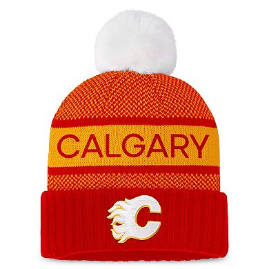 Women's Fanatics Branded Red/Yellow Calgary Flames Authentic Pro Rink Cuffed Knit Hat with Pom