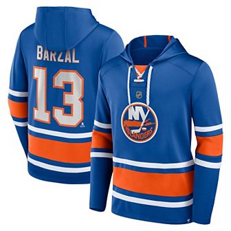 Men's Fanatics Branded Mathew Barzal Royal New York Islanders Name & Number Lace-Up Pullover Hoodie