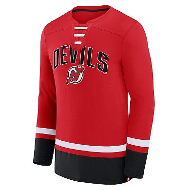 Men's Fanatics Branded Red New Jersey Devils Back Pass Lace-Up Long Sleeve T-Shirt