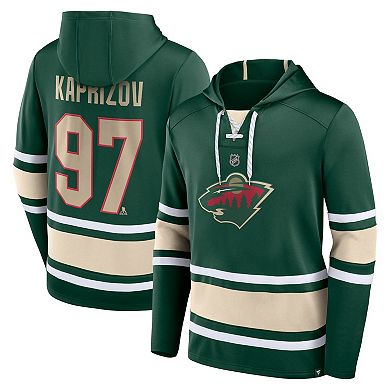 Men's Fanatics Branded Kirill Kaprizov Green Minnesota Wild Name & Number Lace-Up Pullover Hoodie