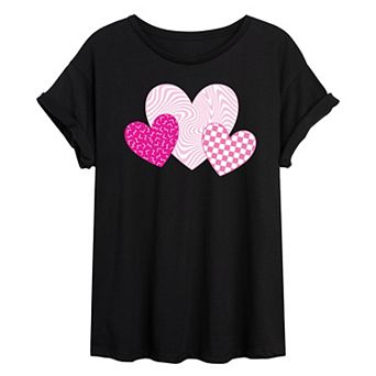 Juniors' Pink Retro Patterned Hearts Oversized Tee