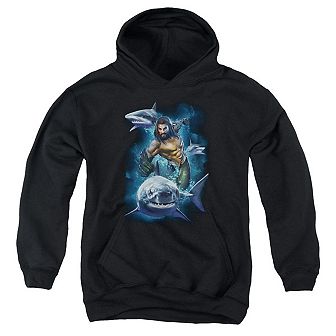 Aquaman Movie Swimming With Sharks Youth Pull Over Hoodie