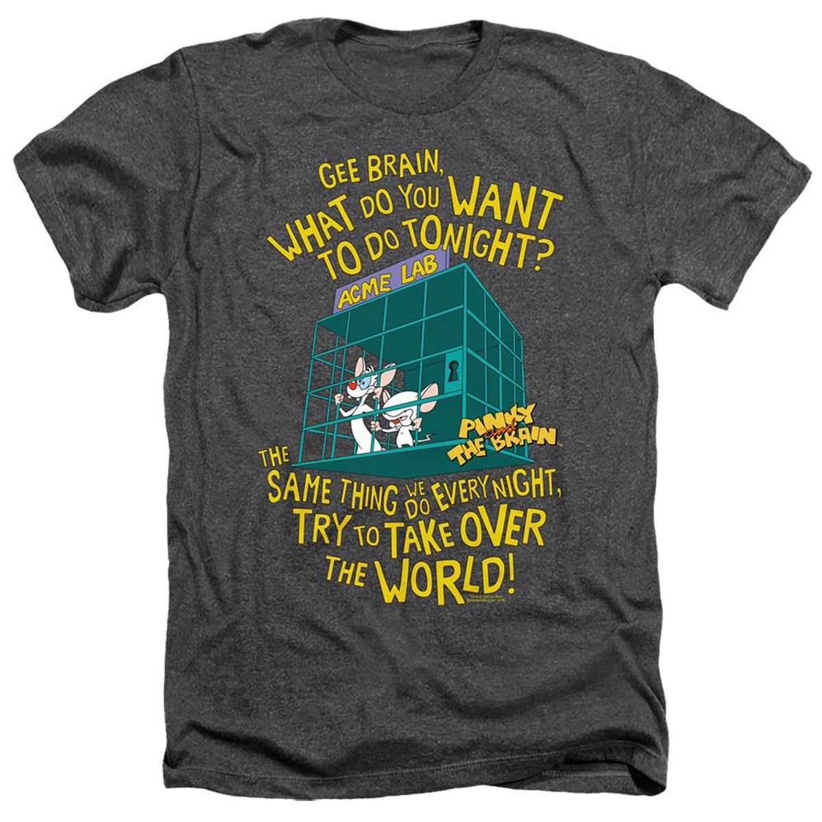Pinky And The Brain 'The World' Adult T-Shirt – Charcoal Cotton Crew Neck