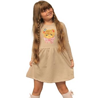 Long Sleeve Girl's Dress With Soft Fur Bear Applique