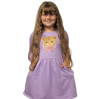 Long Sleeve Girl's Dress With Soft Fur Bear Applique