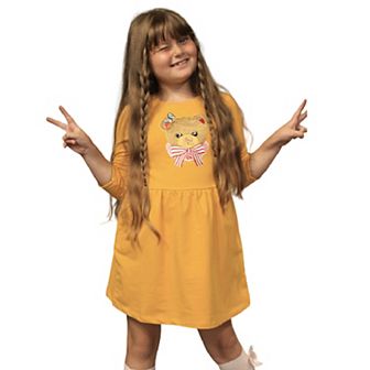Long Sleeve Girl's Dress With Soft Fur Bear Applique