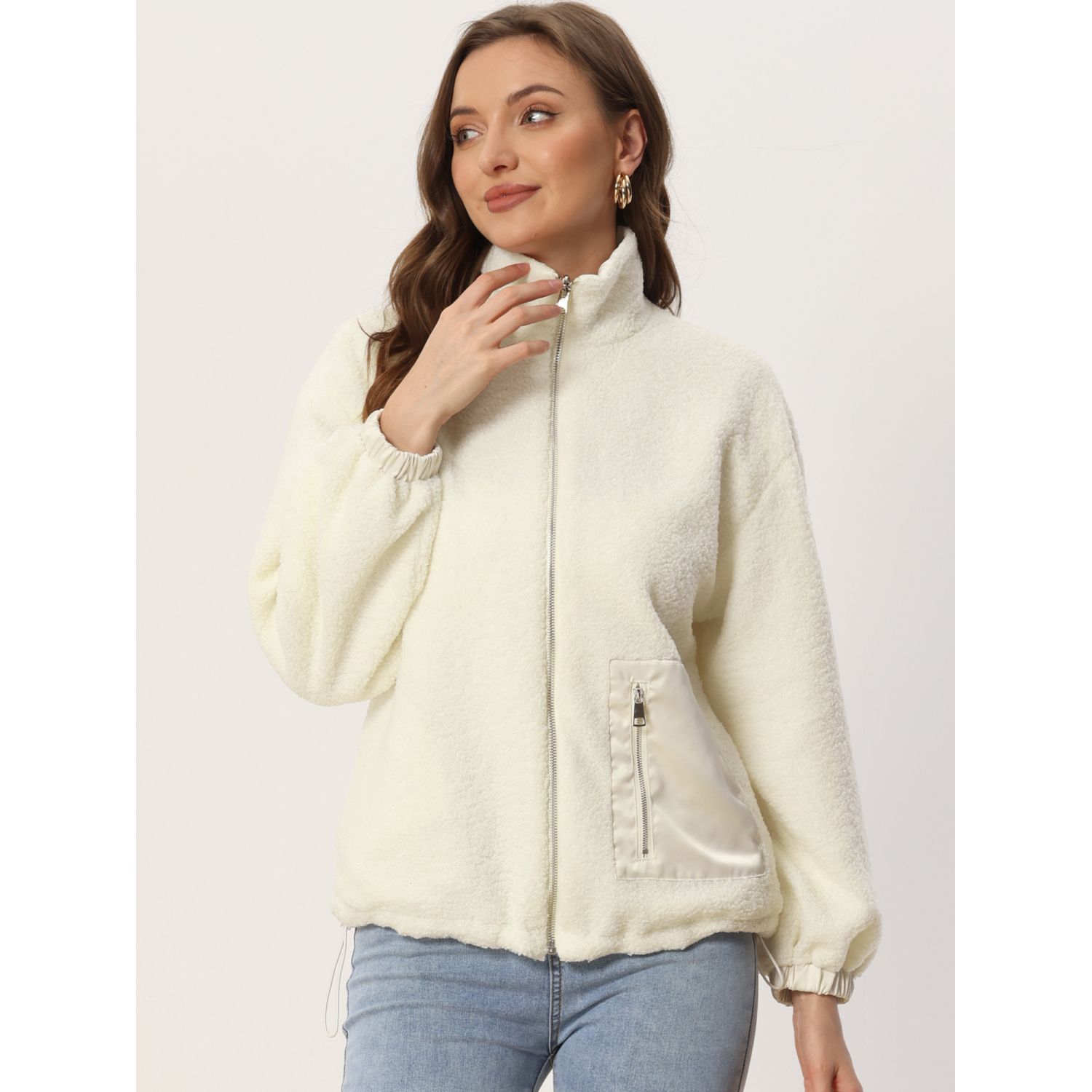 Womens Fuzzy Fleece Jacket Cropped Zip Up Long ... - Shein