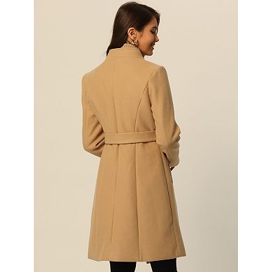 Womens' Fall Winter Button Front Closure Mock Neck Woolen Coat With Pockets