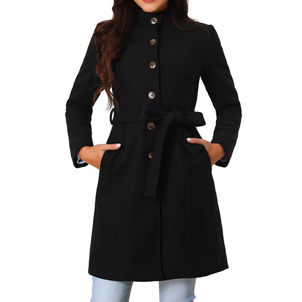Womens' Fall Winter Button Front Closure Mock Neck Woolen Coat