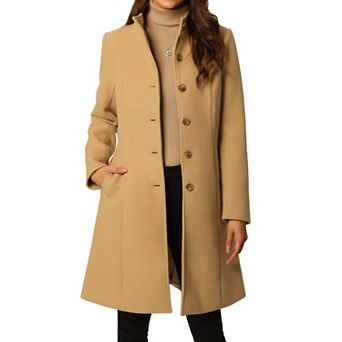 Womens' Fall Winter Button Front Closure Mock Neck Woolen Coat With Pockets
