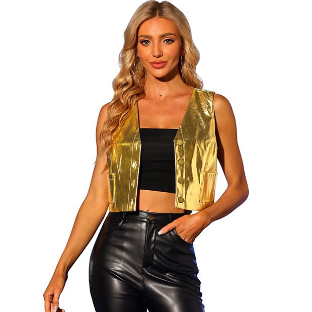 Women s Holographic Crop Jacket Sleeveless Metallic Vest