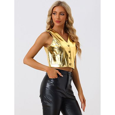 Women's Holographic Crop Jacket Sleeveless Metallic Vest