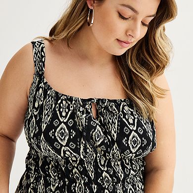 Juniors' Plus Size Live To Be Spoiled Geometric Print Sleeveless Tie Front Jumpsuit