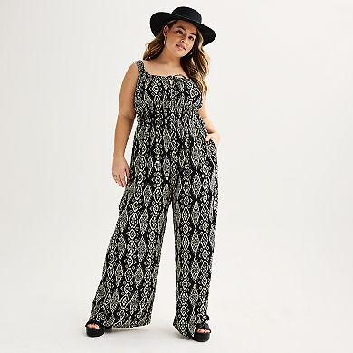 Juniors' Plus Size Live To Be Spoiled Geometric Print Sleeveless Tie Front Jumpsuit