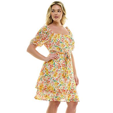 Juniors' Plus Size Lily Rose Puff Sleeve Belted Skater Dress