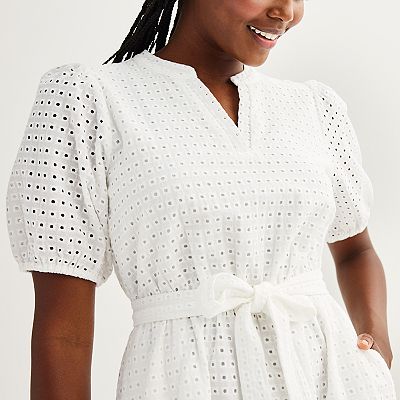Women s Draper James Eyelet Textured Puff Sleeve Tie Waist Mini Dress