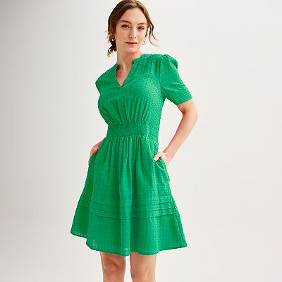 Women's Draper James Dotted Windowpane Smocked Waist V-Neck Mini Dress
