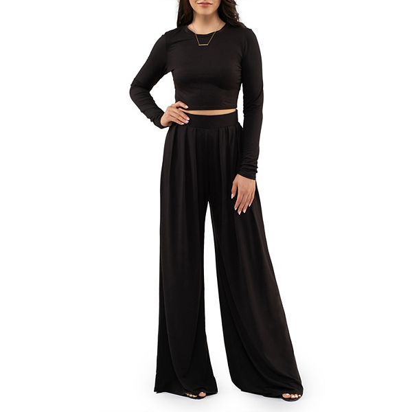 August Sky Women's Long Sleeve Crop Top and Palazzo Pant Set