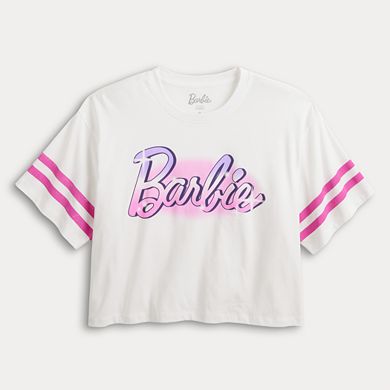 Juniors' Barbie Airbrushed Logo Cropped Varsity Graphic Tee