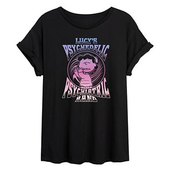 Juniors' Peanuts Lucy's Psychiatric Band Oversized Tee