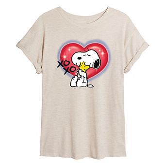 Juniors' Peanuts Snoopy & Woodstock Heart Oversized Tee