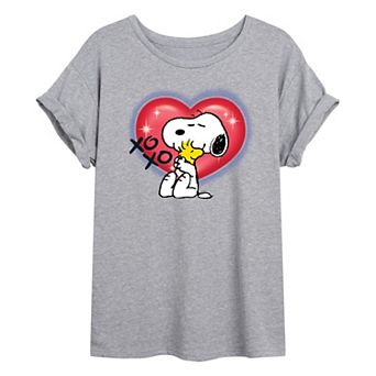 Juniors' Peanuts Snoopy & Woodstock Heart Oversized Tee