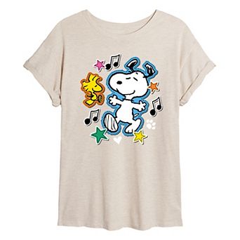 Juniors' Peanuts Snoopy & Woodstock Patches Oversized Tee