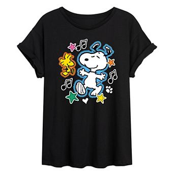 Juniors' Peanuts Snoopy & Woodstock Patches Oversized Tee
