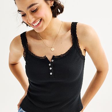 Juniors' SO® Lace Trim Henley Cami