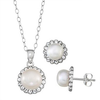Argento Forte Sterling Silver Cultured Freshwater Pearl & Crystal Halo Pendant & Earrings Set