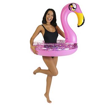 Inflatable 36" Flamingo Pool Tube With Holographic Pink Glitter