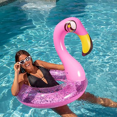 Inflatable 36" Flamingo Pool Tube With Holographic Pink Glitter