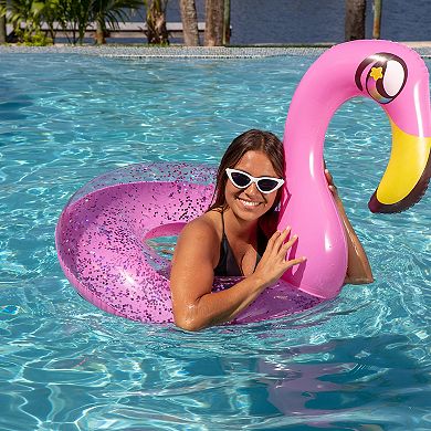 Inflatable 36" Flamingo Pool Tube With Holographic Pink Glitter