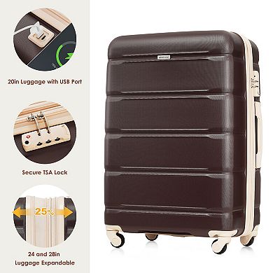 Merax Hardshell Luggage Sets 3 Pcs Spinner Suitcase With Tsa Lock，20-inch With Usb Port