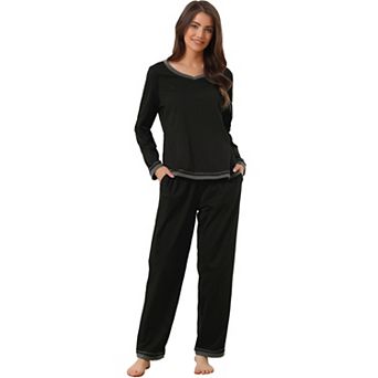 Womens Long Sleeve Pajama Set Shirt and Long Pants with Pocket Loungwear 2 pc Sleep Sets