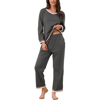 Womens Long Sleeve Pajama Set Shirt and Long Pants with Pocket Loungwear 2 pc Sleep Sets