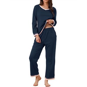 Womens Long Sleeve Pajama Set Shirt and Long Pants with Pocket Loungwear 2 pc Sleep Sets
