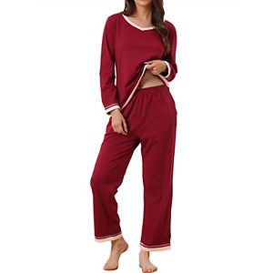 Anjue Women's Soft Long Sleeve Pajama Set - Button-Down Top & Drawstring Pants, Nightwear (Dark Red, XXL)