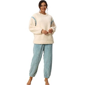 Womens Pajamas Sets Fluffy 2 pc Fleece Pullover Tops Pants Loose Winter Sleepwear