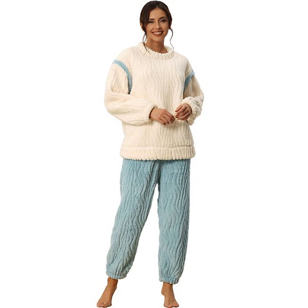 Womens Pajamas Sets Fluffy 2 Piece Fleece Pullover Tops Pants
