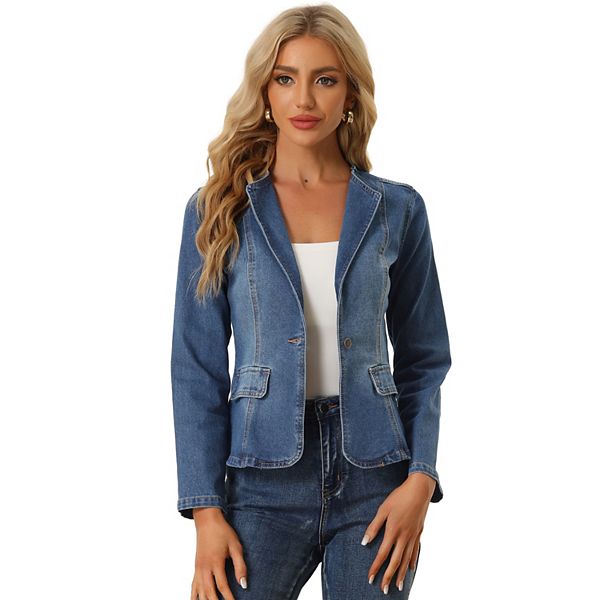 Lapel Collar Jean Jacket For Women's Long Sleeve One Button Work Denim