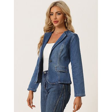 Lapel Collar Jean Jacket For Women's Long Sleeve One Button Work Denim Blazer