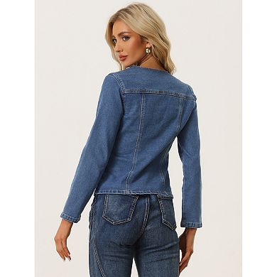 Lapel Collar Jean Jacket For Women's Long Sleeve One Button Work Denim Blazer