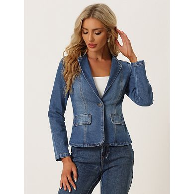 Lapel Collar Jean Jacket For Women's Long Sleeve One Button Work Denim Blazer