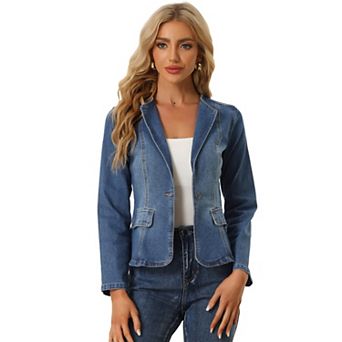 Lapel Collar Jean Jacket for Women's Long Sleeve One Button Work Denim Blazer