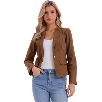 Lapel Collar Jean Jacket for Women's Long Sleeve One Button Work Denim Blazer