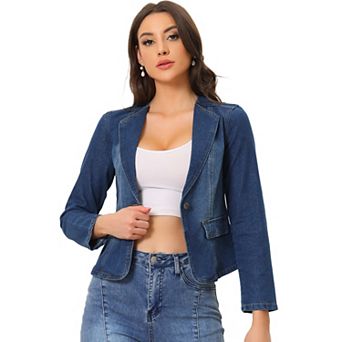 Lapel Collar Jean Jacket for Women's Long Sleeve One Button Work Denim Blazer