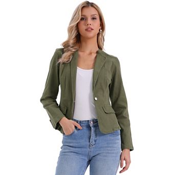Lapel Collar Jean Jacket for Women's Long Sleeve One Button Work Denim Blazer